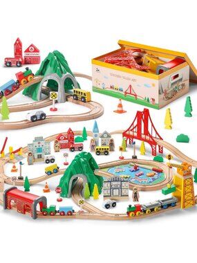 114PCS Wooden Train Set with Storage Box - Expandable Track Toys for Kids 3-7